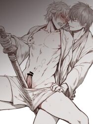 2boys bar_censor boxers cum_on_self erection from_behind gay gintama gintoki_sakata hangleing hijikata_toshiro katana kimono looking_at_another male male_only nipple_tweak open_clothes open_kimono open_mouth pec_grasp penis penis_out restricted_palette smirk spread spread_legs sword toned toned_male weapon yaoi