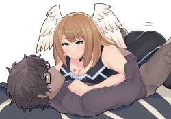 1boy 1boy1girl 1girls ass blonde_hair blue_eyes blush chocolate_and_vanilla cleavage cuddling dark-skinned_male dark_skin djames eunie_(xenoblade) fully_clothed glasses head_wings hetero hug light-skinned_female light_skin long_sleeves lying lying_on_back lying_on_person lying_on_stomach nintendo on_back smile taion_(xenoblade) wholesome wings xenoblade_(series) xenoblade_chronicles_3 yellow_eyes