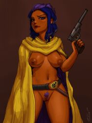 1girls areolae belt carpet_matching_drapes casual dark-skinned_female dark_skin enter_the_gungeon female firearm functionally_nude handgun holding_gun human large_breasts multicolored_hair nipples outerwear pubic_hair purple_eyes revtilian solo solo_female tactical_nudity tagme the_hunter_(enter_the_gungeon) weapon yellow_cape