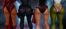 3d 4girls ass ass_focus asses_row back_view big_ass black_widow_(marvel) bodysuit carol_danvers clothed cursedmadara dat_ass female female_only green-skinned_female green_skin gun holster hulk_(series) human leotard light-skinned_female light_skin looking_away marvel marvel_comics ms._marvel ms._marvel_(carol_danvers) multiple_girls natasha_romanoff sash scarlet_witch she-hulk superheroine thigh_holster tight_clothing unseen_female_face wanda_maximoff x-men