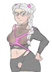 epic_games fortnite pubic_hair sabina_(fortnite) sunglasses tight_clothing tinted_eyewear torn_clothes visible_nipples visible_pussy white_background