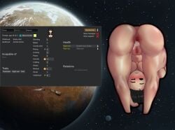 anus black_hair blush breasts clitoris cum cum_in_ass female gaping_anus leaning_forward looking_at_viewer pussy rimworld scar simple_eyes sweat vaan0