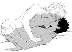 2boys completely_nude embrace gay gintama gintoki_sakata hijikata_toshiro ichirentakusho implied_anal implied_sex kissing looking_at_another male male_only messy_hair monochrome nude on_back on_bed smile toned toned_male yaoi