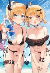 2girls ayamy bare_shoulders bikini black_bikini blonde_hair blush breasts cleavage cute_fang female female_only hololive hololive_gen_1 hololive_gen_2 hololive_japan off-shoulder_bikini off_shoulder succubus swimsuit thigh_strap virtual_youtuber water_bottle yozora_mel yuzuki_choco