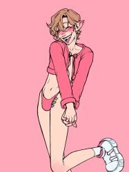 asmodeus_(obey_me) blush bulge bulge_through_clothing crop_top crossdressing demon demon_boy dreamscreep fangs femboy fully_clothed male male_only obey_me!_one_master_to_rule_them_all panties pink_background pink_panties pointy_teeth sharp_fingernails sharp_nails sharp_teeth smile solo solo_male