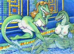 2006 alligator ass aura_moser blush breasts crocodile female nipples pussy reptile scalie wardrobe_malfunction yellow_eyes yuri