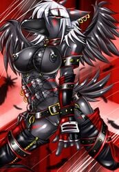 avian beak belt bird black collar crow feathers female fishnet katsuke krow leather nipples piercing pussy ring solo stockings stripes wings