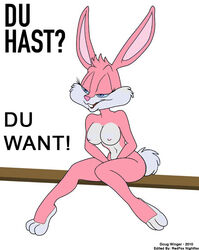 2010 anthro babs_bunny breasts doug_winger english_text female female_only fur furry german_text lagomorph photoshop rabbit sitting solo text tiny_toon_adventures tiny_toons uncensored warner_brothers