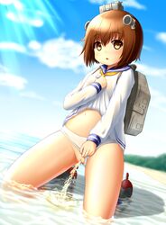 beach blush brown_eyes brown_hair cloud female kantai_collection kazumi_(syoki4230) kneeling ocean outdoors partially_submerged peeing pussy school_uniform serafuku short_hair sky solo tagme uncensored water young yukikaze_(kantai_collection)