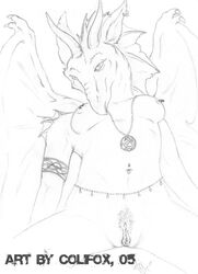 2005 breasts colifox dragon dragoness ear_piercing earring female horns necklace nude piercing pubic_tuft pussy scalie sketch solo wings