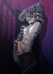 1boy abs anthro blue brown_hair building cherushi erection feline fur furry grey_eyes hair male male_only marik penis purple_background sheath solo tiger topless