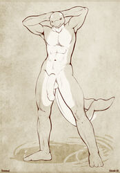 1boy 2010 athletic balls cetacean circumcised fin fit flaccid grin huge_cock looking_at_viewer male male_only marine nude orca penis pose shiuk sketch solo standing tail toumal