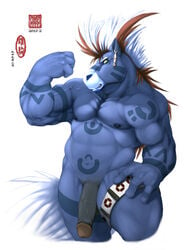 10s 1boy 2010 artist_logo biceps bodybuilder equine flaccid flexing green_eyes grin horse looking_at_viewer male male_only mane mohawk muscles pecs penis piercing solo tattoo wmustang wolver_mustang