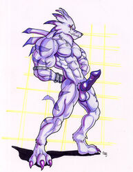 1boy 2010 abs animal_genitalia arms_behind_back balls barazoku biceps blue bodybuilder canine claws digimon dog_tags erection eyes fangs grin inviting knot leather looking_at_viewer male male_only muscles nipples nude pecs penis pinup pose presenting purple red_eyes serratus_anterior solo standing stripes weregarurumon werewolf wolf wolfgangcake