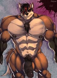 1boy canine cursedmarked flaccid ivybeth looking_at_viewer male male_only muscles nipples penis piercing red_eyes solo wolf