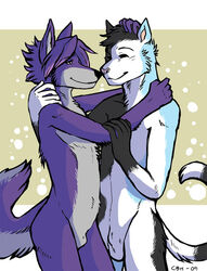 2009 anthro balls canine cbh closed_eyes couple cuddle eyes feline fur furry furry_only gay hug male no_humans nuzzle penis raised_tail sheath skylar tail wolf zander