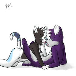 2010 anthro canine couple cuddle eye_contact feline fur furry furry_only gay kissing looking_at_another male no_humans priestrevan raised_tail saliva sheath skylar tail whiskers wolf zander