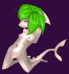 breasts closed_eyes dorsal_fin female fin fins green_hair hands legs long marine nude pussy shark shiny small solo stubbins tail