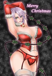 1041_(toshikazu) 1girls big_breasts breasts christmas cleavage elbow_gloves female female_only garter_belt gloves human isabella_valentine merry_christmas panties red_gloves red_panties short_hair solo soul_calibur sword text weapon white_hair