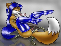 anal anal_beads anal_insertion anus blue_hair breasts brown female furry gradient_background hair half-closed_eyes insertion long_hair nipples pussy reflection sex_toy solo spread_pussy spreading thigh_highs thighhighs unknown_artist white_fur