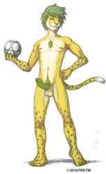 1boy 2010 2010_fifa_world_cup anthro balls feline football front_view fur furry green_eyes green_hair green_penis leopard male male_only mascot penis pose presenting soccer solo world_cup yellowpower zakumi