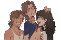 3boys angry_face billy_hargrove blush_lines cigarette drool eddie_munson gay licking looking_at_another neck_grab nicumkoro smiling smug steve_harrington stranger_things