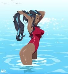 1girls armpits arms_behind_head black_hair blue_hair breasts closed_eyes dark-skinned_female earrings female gym_leader highleg highleg_swimsuit highres jewelry long_hair nessa_(pokemon) nintendo one_piece_swimsuit pokemon pokemon_ss r3dfive sleeveless solo swimsuit two_tone_hair water wet