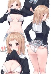 1girls ass belly_button blonde_female blonde_hair blush bra breasts brown_eyes butt clothes clothing female light_brown_hair light_hair midriff multiple_poses multiple_views navel open_mouth panties sakuragi_mano shirt_lift skirt skirt_lift solo spoken_exclamation_mark standing the_idolm@ster the_idolm@ster_shiny_colors thighs yoi_naosuke