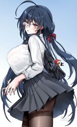 1girls 2022 ahoge azur_lane black_hair blush bra bra_visible_through_clothes breasts female female_only foxy_rain_(foxyreine) foxyrain_(foxyreine) foxyreine glasses huge_breasts long_hair pantyhose red_eyes school_uniform schoolgirl short_skirt sideboob skirt taihou_(azur_lane) taihou_(sweet_time_after_school)_(azur_lane) twintails