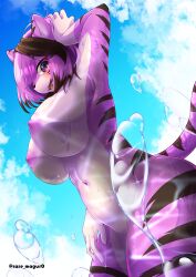 absurd_res anthro beach big_breasts black_body black_fur breasts felid female fur hi_res komenuka_inaho looking_at_viewer mammal multicolored_body multicolored_fur nude pantherine purple_body purple_fur seaside solo tagme tiger two_tone_body two_tone_fur water zeno_(komenuka_inaho)