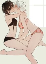 2girls black_bra black_hair black_panties blush bra braided_hair canon_genderswap closed_eyes feiqiuxuan female female_only french_kiss genderswap_(mtf) ginko_sakata gintama gintoki_sakata hijikata_tenko hijikata_toshiro kissing panties pink_bra pink_panties rule_63 short_hair silver_hair strawberry_print underwear very_short_hair white_hair yuri