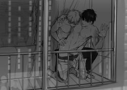 2boys against_glass against_wall against_window anal anal_sex balcony detailed_background from_behind gay gintama gintoki_sakata greyscale hand_on_hip handjob handjob_while_penetrating hijikata_toshiro hip_grab implied_anal kneeling licking_male_nipple looking_at_another looking_back male male_only monochrome mozhi muscular muscular_male nipple_licking pants_down reach_around sweat topless topless_male window yaoi