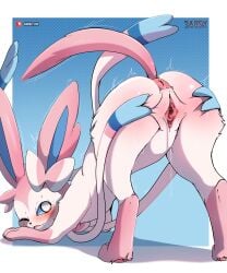 absurd_res anus ass_up blush bodily_fluids eeveelution female feral fur furry furry_only genital_fluids genitals hi_res looking_at_viewer looking_back nintendo pokémon_(species) pokemon presenting presenting_anus presenting_hindquarters presenting_pussy pussy pussy_juice sarox solo spread_pussy spreading sylveon tail video_games white_body