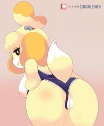 absurd_res alternate_breast_size animal_crossing anthro ass big_breasts blonde_hair breasts camel_toe canid canine canis clothing digital_media_(artwork) dog domestic_dog female fur furry furry_only genitals hair hi_res isabelle_(animal_crossing) looking_at_viewer looking_back mammal nintendo nipples one-piece_swimsuit onigiri_punch open_mouth pussy shih_tzu simple_background smile solo swimwear tail toy_dog video_games yellow_body yellow_fur