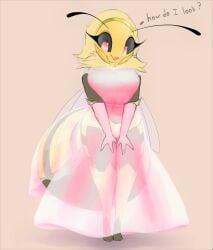 1girls anthro bee_girl big_breasts black_sclera blossom_(thousandfoldfeathers) breasts cute dialogue dress female large_breasts open_mouth solo solo_female standing text thighs thousandfoldfeathers translucent translucent_clothing