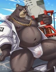 2022 anthro belly ben_(zenless_zone_zero) ben_bigger big_belly black_nose bodily_fluids bulge clothed clothing detailed_background genital_fluids hi_res kemono male male_only mammal moobs navel nipples open_clothing open_shirt open_topwear outside overweight overweight_male piao_miao precum shirt sitting solo sweat topwear ursid weapon zenless_zone_zero