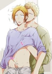 961_masashi flushed gay given_(anime) kaji_akihiko lifting_shirt male male_only nakayama_haruki touching_penis two_tone_hair