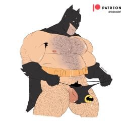 bara batman batman_(series) big_bulge bruce_wayne bulge chubby chubby_male dc dc_comics fabssdaf flaccid flaccid_penis hairy huge_bulge male male_only masked muscles muscular muscular_male precum precum_drip pubes pulling_thong solo superhero thong underwear