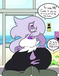 amethyst_(steven_universe) ass boner english_text erection gem_(species) imminent_sex looking_at_viewer looking_back oniartist peridot_(steven_universe) shortstack steven_universe tease teasing teasing_viewer text unseen_male_face