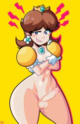 1futa 2019 2022 alternate_version_available artist_signature balls blue_eyes blush bottom_heavy bottomless breasts brooch brown_hair cleavage clothed clothing covering covering_breasts crossed_arms crown curvy detached_sleeves earrings edit embarrassed erection eyebrows_visible_through_hair eyelashes flat_chest flat_chested flower_earrings futa_focus futa_only futanari gloves grin highres horny_futa human jewelry light-skinned_futanari light_skin looking_at_viewer mario_(series) mostly_nude nintendo nude one_eye_closed pale_skin partially_clothed pear_shaped penis photoshop princess_daisy puffy_short_sleeves puffy_sleeves shoulder_length_hair simple_background sleeves small_breasts smile smirking smug solo solo_futa standing teeth testicles theironmountain thick thick_thighs thighs uncensored vagina wide_hips yellow_background