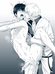 2boys ahe_gao anal anal_sex bar_censor blush bodily_fluids clothed_male_nude_male clothed_sex cum erection gay gintama gintoki_sakata hadanugi_dousa hijikata_toshiro inukkoro kimono leg_grab leg_lift leg_up looking_at_another looking_pleasured male male_only monochrome motion_lines nude_male off_shoulder open_mouth penis pleasure_face saliva_trail standing_sex sweat tears tongue_out twitching yaoi