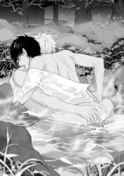 2boys anal anal_sex ass_grab bath bathing blush bottomless detailed_background embrace functionally_nude gay gintama gintoki_sakata greyscale hands_on_ass hijikata_toshiro male male_only monochrome mozhi off_shoulder onsen outercourse outside partially_clothed partially_submerged snow steam sweat water wet wet_clothes wet_skin yaoi