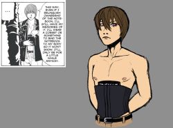 anime brown_hair corset death_note digital_media_(artwork) dreamscreep femboy half-dressed hands_behind_back light_yagami male male_only nipples red_eyes shirtless short_hair small_waist solo solo_male