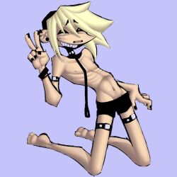 anorexia black_sclera blonde_hair collar dreamscreep half-dressed humanoid leash leash_and_collar male male_only original original_character peace_sign shirtless skinny skinny_male solo solo_male underwear void_(dreamscreep)