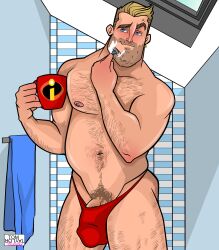 1boy beard_stubble beefy big_bulge blonde_hair blue_eyes body_hair bulge caucasian caucasian_male daddy dick_root dilf disney ear_piercing ear_ring flaccid_penis hairy_male huge_bulge in_bathroom male male_nipples male_only male_pubic_hair male_thong mr._incredible muscles muscular_male penis_outline penis_peek pixar pubes robert_parr shaving smooth_skin solo the_incredibles the_incredibles_2 thong tom_taylor_illustrated veiny_penis