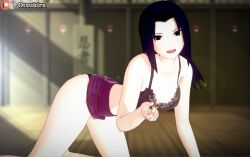 1girls barely_clothed bent_over black_hair bra female female_only kneeling koikatsu long_hair looking_at_viewer mature mature_female milf naruto naruto_(series) naruto_shippuden open_mouth open_smile otsukira panties partially_clothed skirt skirt_lift smile solo solo_focus topless uchiha_mikoto underwear