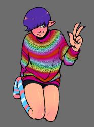 blush booty_shorts demon demon_humanoid dreamscreep flaccid fully_clothed hair_over_one_eye kneehighs leviathan_(obey_me) male male_only obey_me!_one_master_to_rule_them_all painted_nails peace_sign pointy_ears purple_hair sfw sfw_version sharp_claws sharp_fingernails shiny_hair shiny_skin short_hair short_shorts shorts slit_pupils socks solo solo_male sweater thick_thighs thighs