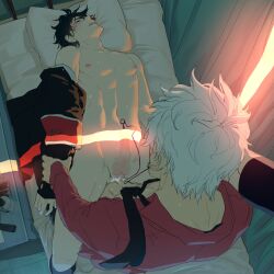 2boys anal anal_sex arm_grab armband biting_pillow black_hair blush class_3-z clenched_teeth convenient_censoring cute_male detailed_background erection gakuran gay gintama gintoki_sakata high-angle_view hijikata_toshiro indoors leg_up male male_only male_urethral_insertion mostly_nude mozhi necktie nurses_office off_shoulder official_alternate_costume on_back on_bed open_shirt partially_clothed penis pillow_bite school_uniform sounding stealth_sex sweat teacher teacher_and_student uncensored urethral_insertion urethral_penetration white_hair window wrist_grab yaoi