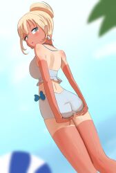 1girls angelchama ass ass_lift ass_support back back_view beach_umbrella big_breasts blonde_female blonde_hair female female_only hands_on_ass hands_on_own_ass hololive hololive_english hololive_myth tan_body tanline thighs virtual_youtuber watson_amelia