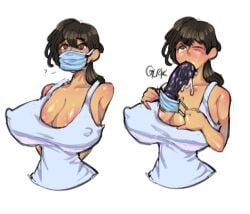 1girls ? big_breasts black_hair blush brown_eyes deepthroat dildo dildo_in_mouth dildo_mask dildo_reveal erect_nipples erect_nipples_under_clothes female female_only hammerspace lastgreendragon long_hair looking_at_viewer mask nipple_bulge oral solo solo_female tank_top throat_training very_high_resolution white_background